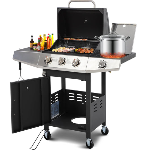 40000BTU Gas Grill, 3-Burner Grill with Built-in Thermometer, Stainless Steel Gas Grill for Outdoor Cooking