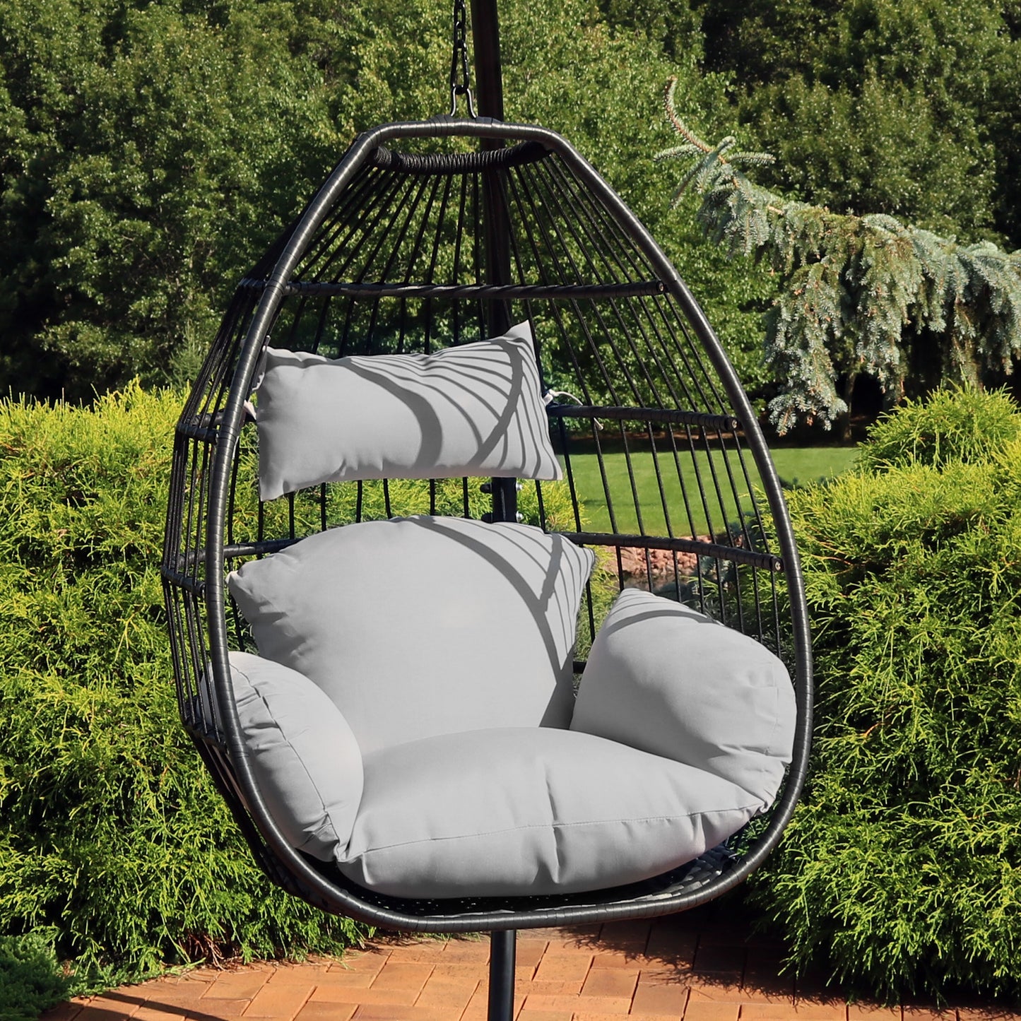 Sunnydaze Decor Rattan Gray Steel Frame Hanging Conversation Chair with Gray Cushioned Seat