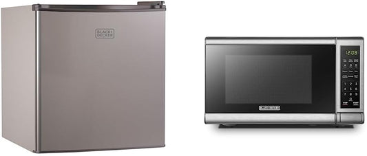 BLACK+DECKER BCRK17V Compact Refrigerator Energy Star Single Door Mini Fridge with Freezer, 1.7 Cubic Ft., VCM, Silver & EM720CB7 Digital Microwave Oven with Turntable Push-Button Door, Child Safety