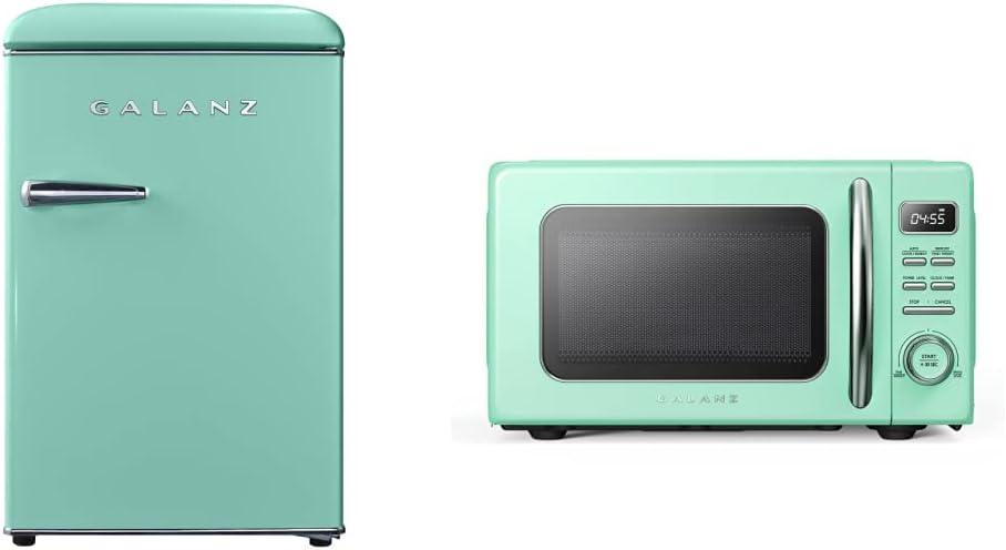 Galanz GLR25MGNR10 Retro Compact Refrigerator, Mini Fridge & GLCMKZ07GNR07 Retro Countertop Microwave Oven with Auto Cook & Reheat, Defrost, Quick Start Functions, Pull Handle.7 cu ft, Green