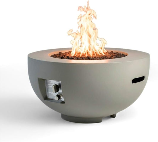 28-inch Round Outdoor Propane Fire Pit Table, 40,000 BTU Light Concrete Fire Bowl with Free Lava Rocks, Rain Cover and Lid for Patio, Garden, Deck