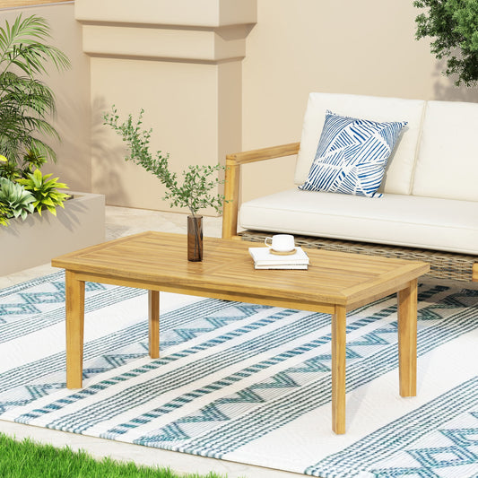 43.25-Inch Outdoor Acacia Wood Rectangular Coffee Table with Slatted Top and Tapered Legs, Patio Table for Backyard, Brown