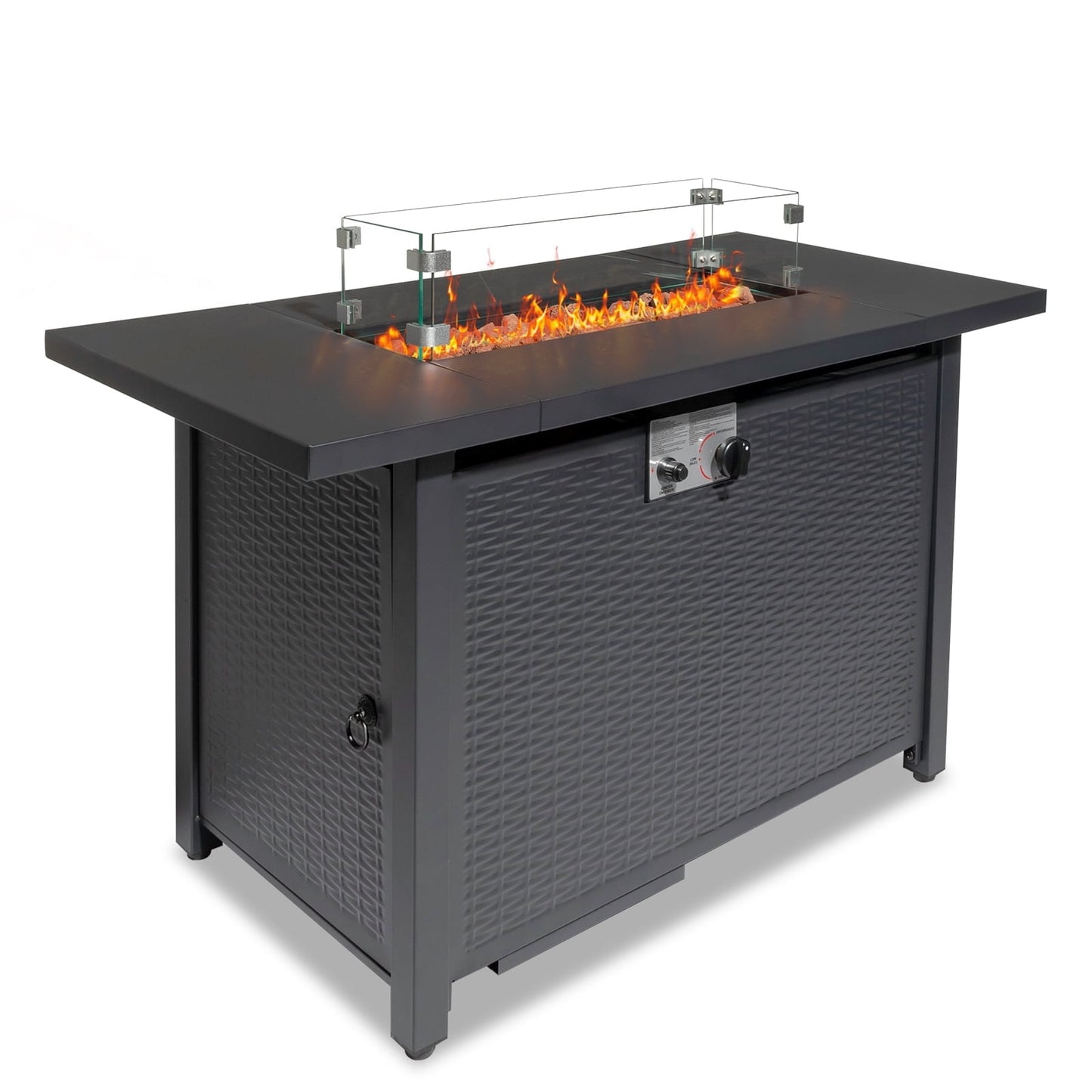 43" Propane Fire Pit with Wind Guard, 50,000 BTU 2 in 1 Auto-Ignition Rectangular Natural Fire Pits Table w/ Volcanic Stone and Steel Lid for Outside, Porch, Patio