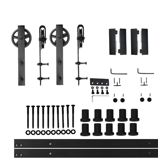 HOMACER 144-in Rustic Black Indoor Spoke Wheel Double Barn Door Hardware Kit HL2TGH144C