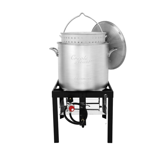 Creole Feast 100 QT Seafood Boiling Kit with Strainer 1-Burner Propane Electronic Aluminized Steel Boiler SBK1001