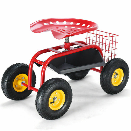 Costway Red Garden Seat with Storage, Pneumatic Wheels, Iron Frame, 300 lbs. Load Capacity, 22-in Seat Height GT2635RENEW