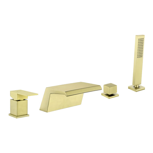 Clihome Brushed Gold 1-handle Deck-mount Roman Waterfall Bathtub Faucet with Hand Shower ( Valve Included )