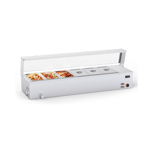 48 QT Steam Table 6x8QT Electric Commercial Food Warmer 6-Pans with Acrylic Shield Stainless Steel Bain Marie Countertop with Overheating Protection for Restaurants Buffets Party 1500W, 110V