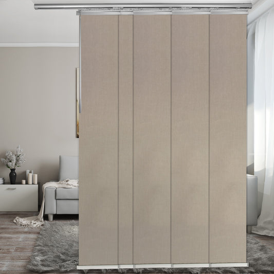 Hart & Harlow 5-Panel Single Rail 15.75-in Slat Width 70-in x 91.4-in Cordless Biscotti Aluminum Light filtering Vertical blinds