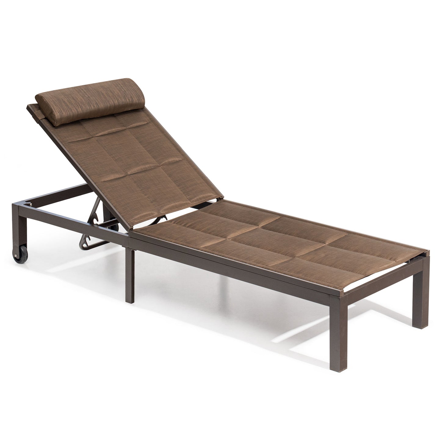 Crestlive Products Outdoor Patio Adjustable Chaise Lounge Chair With Wheels Brown finish Aluminum Frame Stationary Chaise Lounge Chair with Brown Textilene fabric Sling Seat