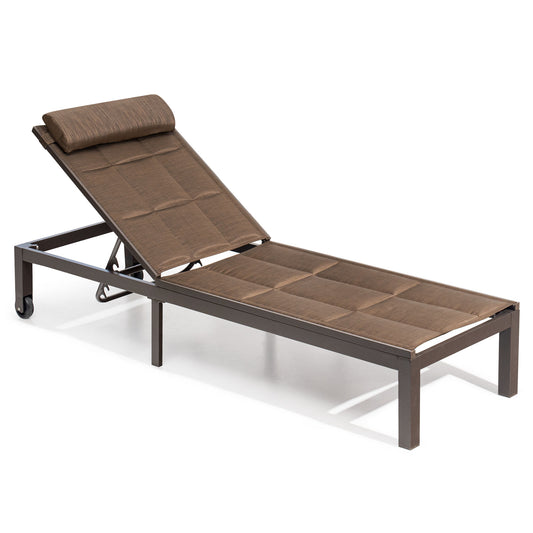 Crestlive Products Outdoor Patio Adjustable Chaise Lounge Chair With Wheels Brown finish Aluminum Frame Stationary Chaise Lounge Chair with Brown Textilene fabric Sling Seat