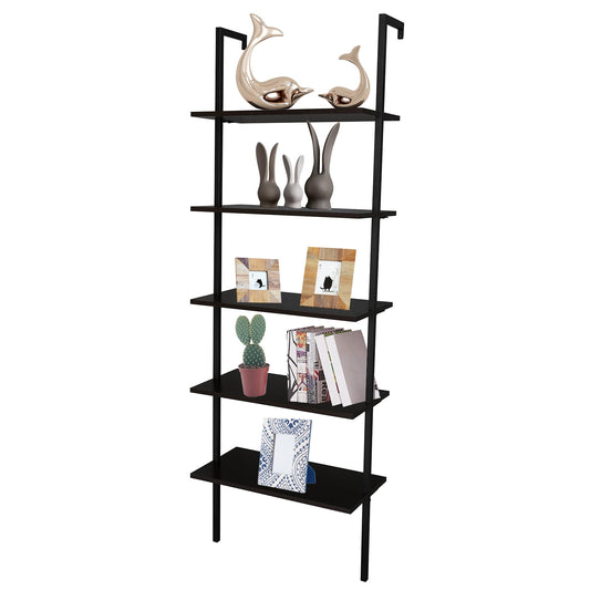 5-Shelf Ladder Bookcase with Metal Frame, Industrial 5-Tier Modern Wood Ladder Shelf Wood Shelves, Dark Walnut