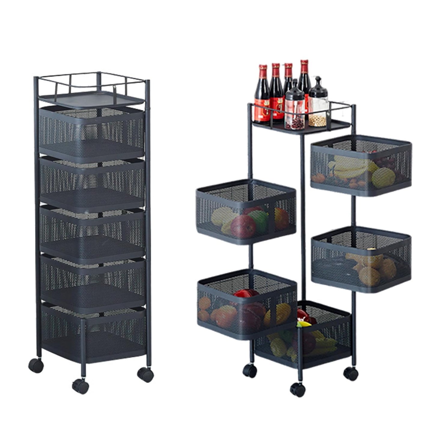 5 Tier Rotating Kitchen Storage Rack with Wheels, Metal Mesh Rolling Organizer Cart for Fruit Vegetable Pantry Storage, Black