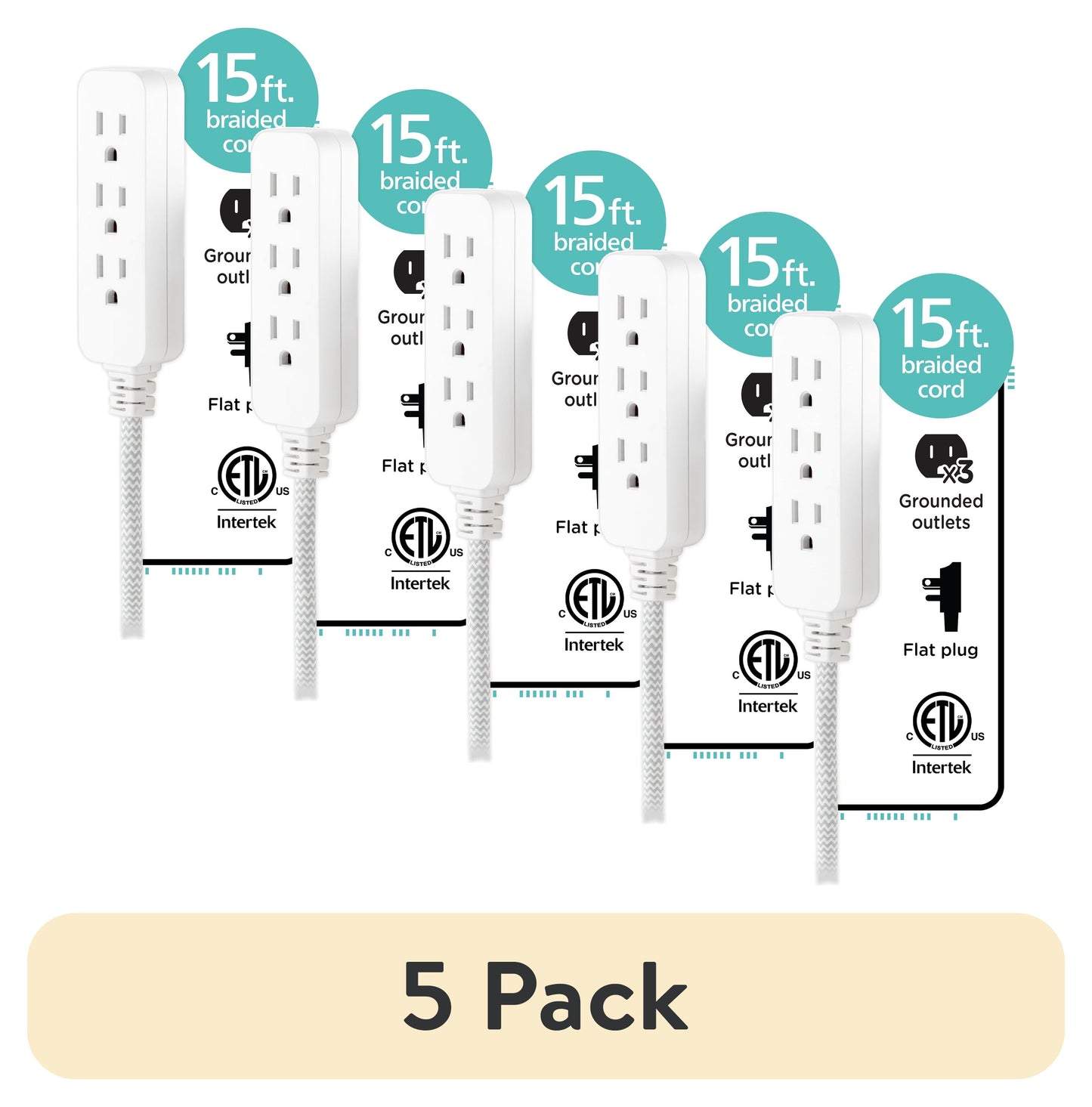 (5 pack) Cordinate 15ft. 3-Outlet Braided Extension Cord, Gray/White â€“ 50011