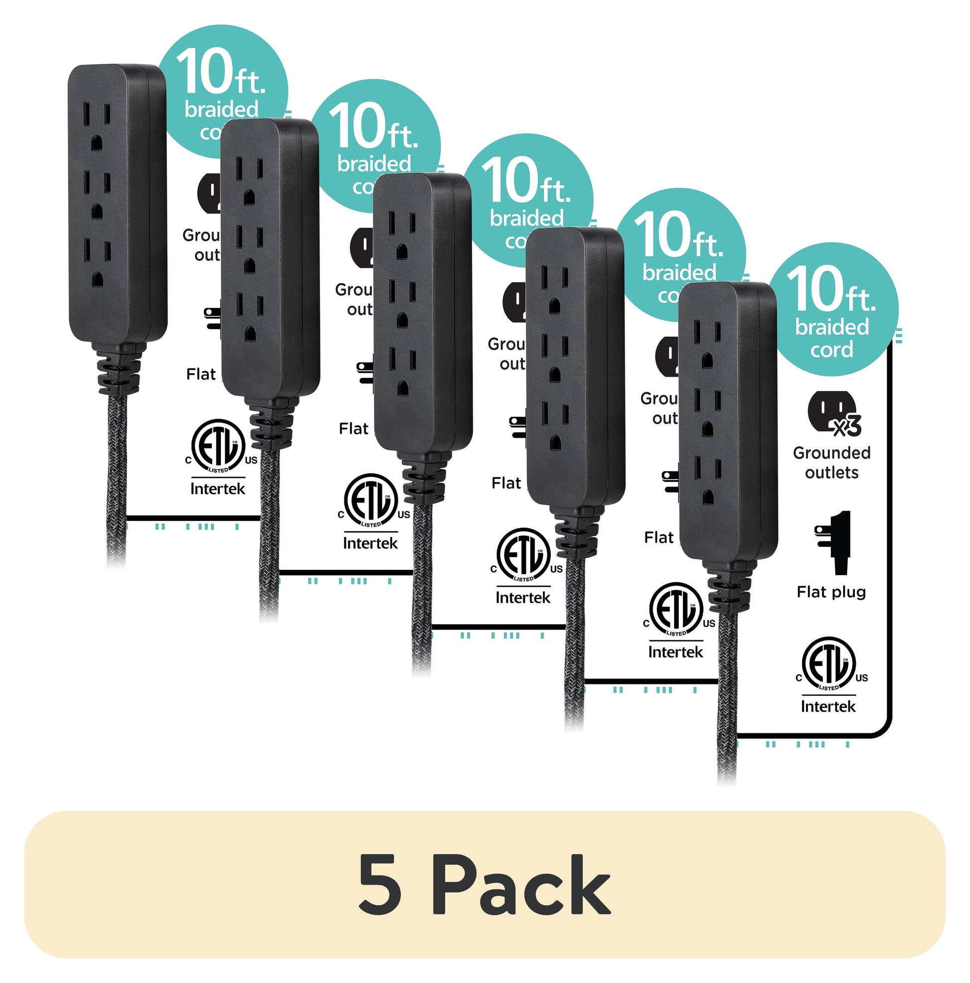 (5 pack) Cordinate Cable de ExtensiÃ³n de DiseÃ±ador, Cable de 3 Tomas de 10 Pies, Negro, Interior, 42024
