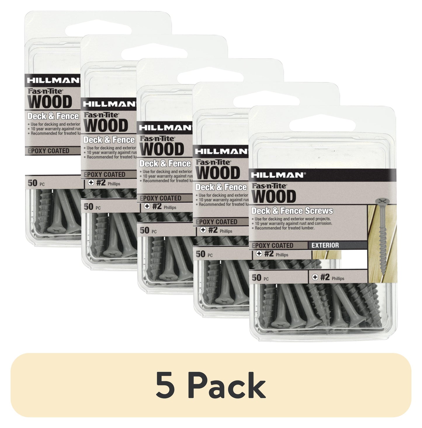 (5 pack) Fas-n-Tite Deck and Fence Wood Screws, #10 x 3", Steel, Epoxy, Phillips, Gray, 50 pack