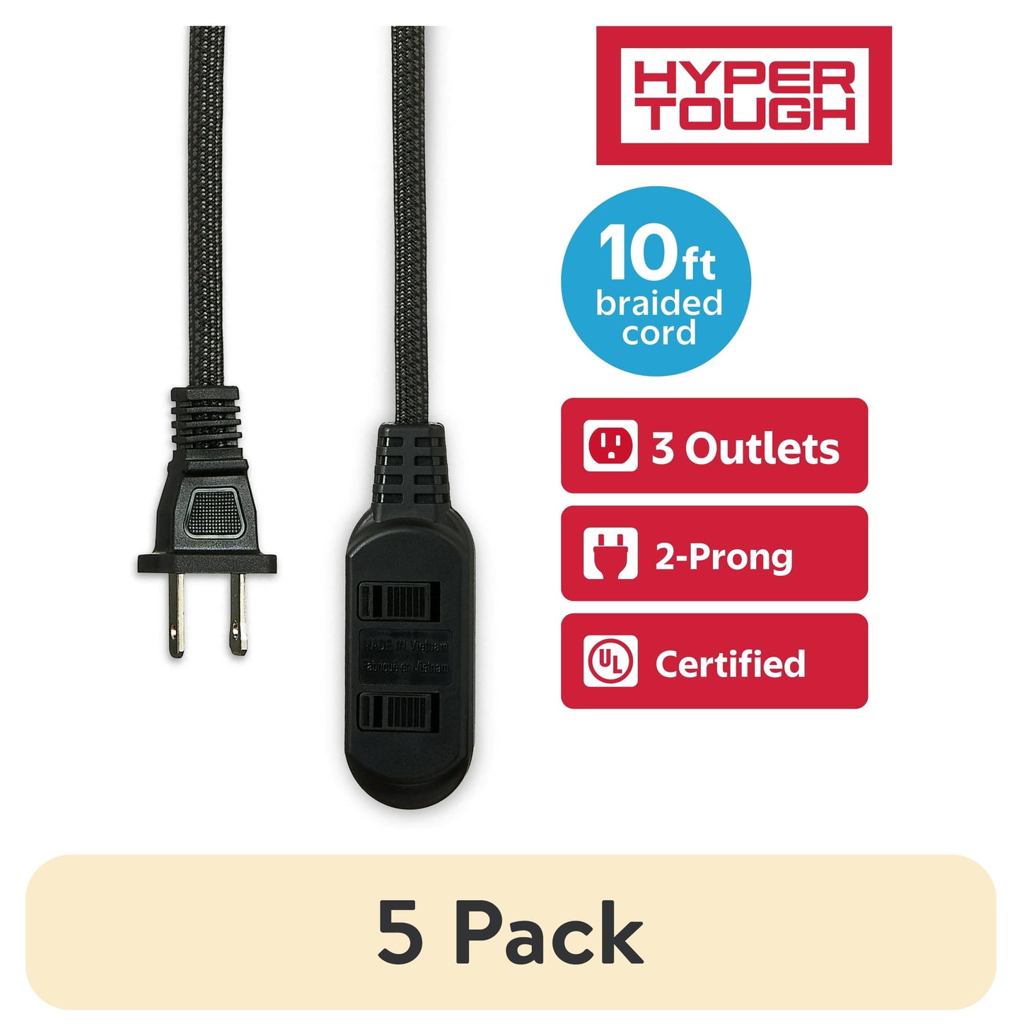 (5 pack) Hyper Tough Indoor Extension Cord 10 ft with 3 Outlets, 2 Prong, Braided Cord, Black