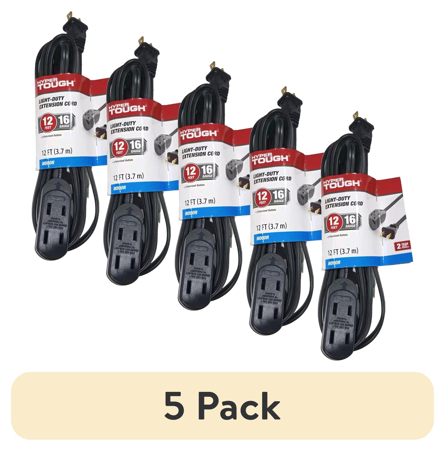 (5 pack) Hyper Tough 12 Ft 16 AWG 2-Prong Black Indoor Extension Cord, 125V 13A