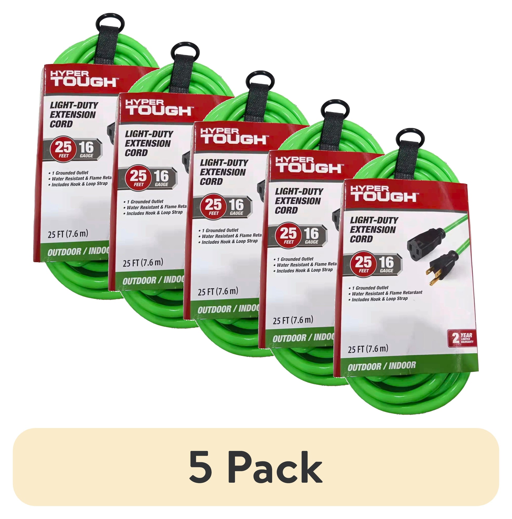 (5 pack) Hyper Tough 25ft 16AWG 3 Prong Hi-Vis Green Single Outlet Outdoor Extension Cord 125V 13A