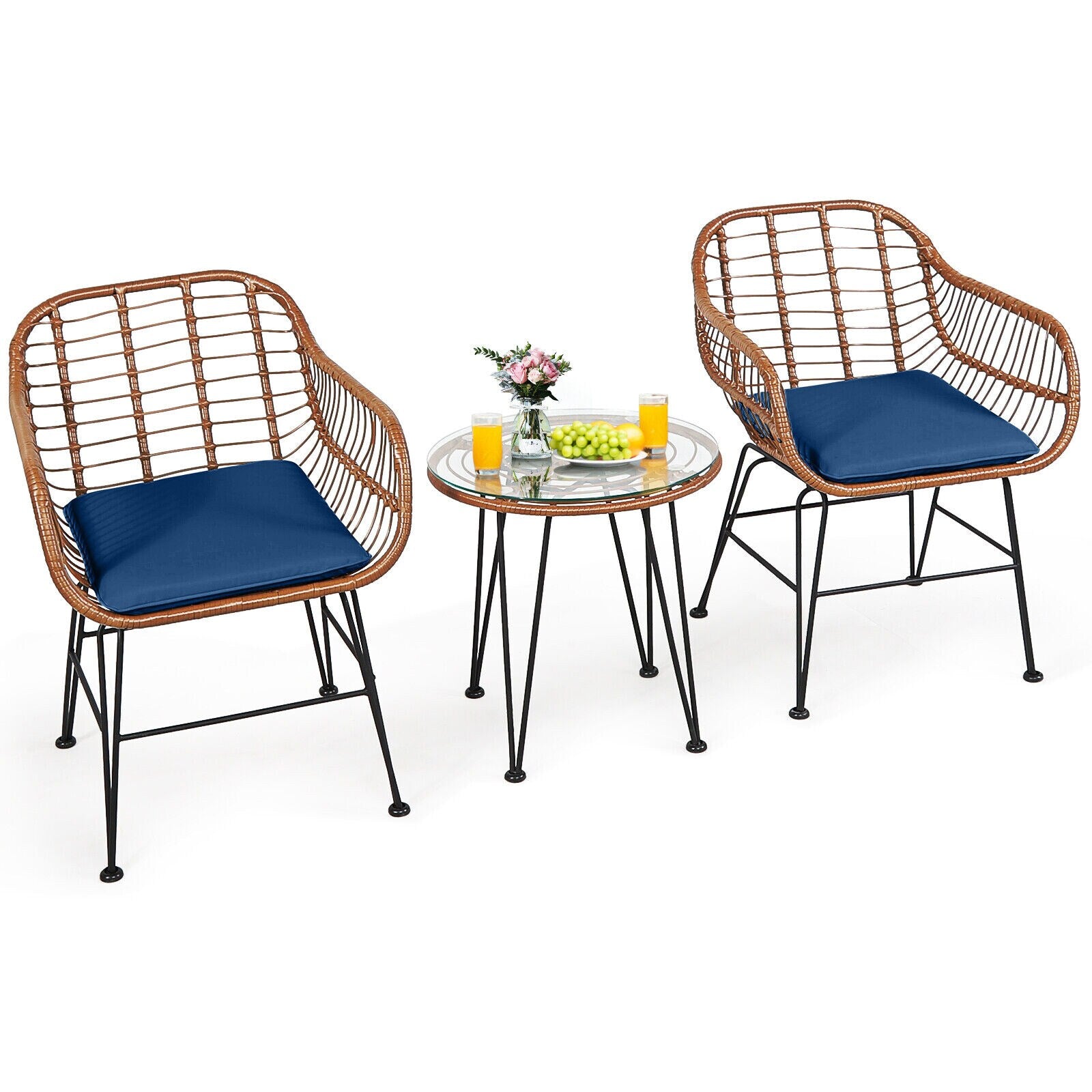 Clihome Bistro Set 3 -Piece Brown Rattan Bistro Patio Dining Set Steel Round Table with 2 Blue Cushions Stationary Chairs