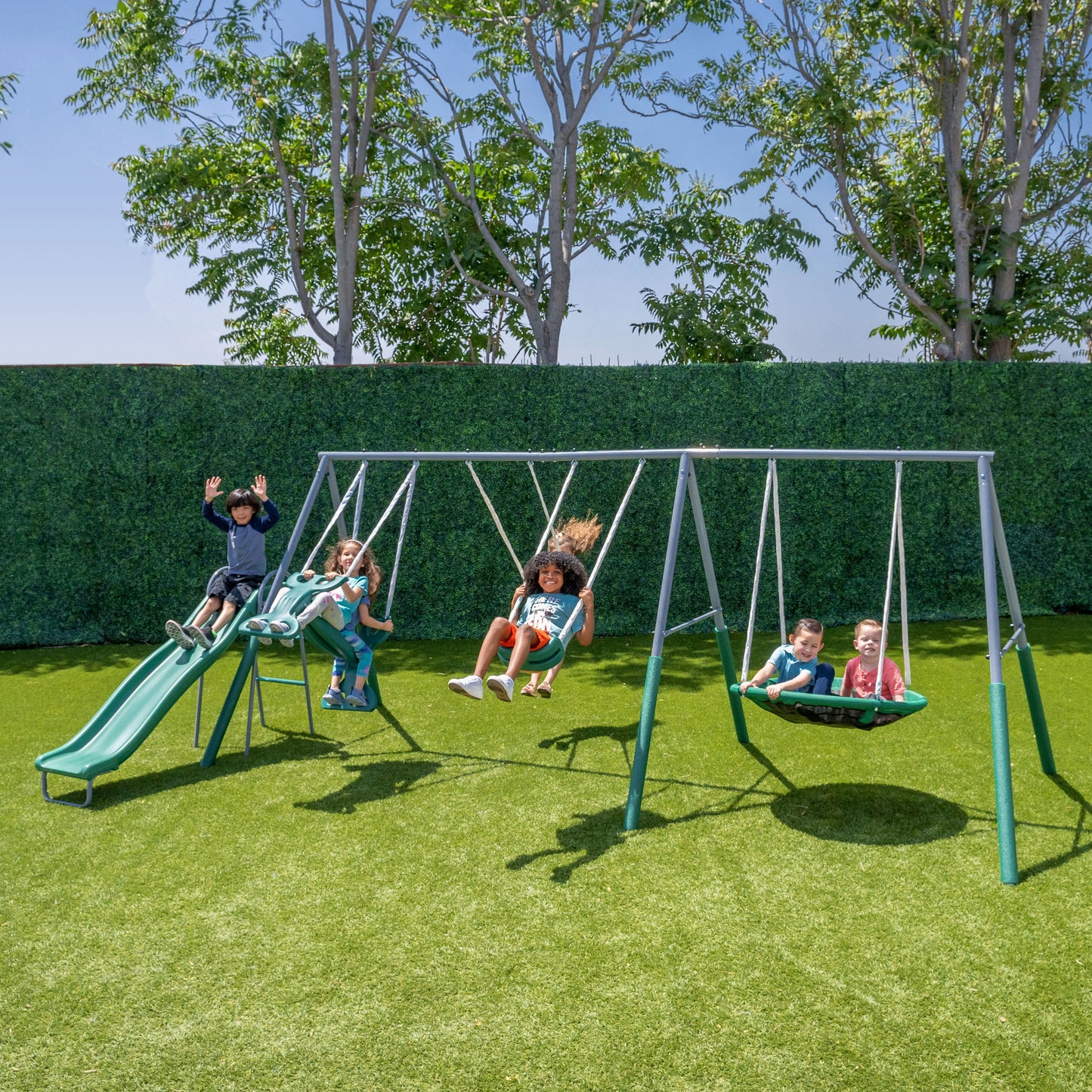 The Swing Company Rochester Metal Swing Set Residential Metal Swing set with 4 Swings and Slide Included
