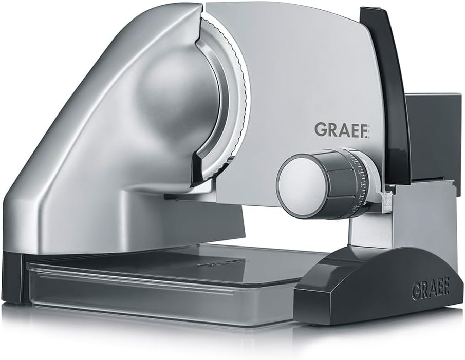GRAEF SKS500 All-Slicer Silver with Stainless Steel Serrated Blade Diameter 170 mm, Raised Design, Continuous Cutting Thickness Adjustment, Child Lock, One-Hand Operation, MiniSlice Attachment