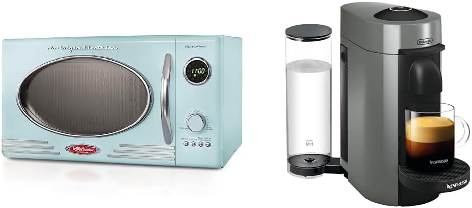 Nostalgia Retro Countertop Microwave Oven - Large 800-Watt - 0.9 cu ft & Nespresso VertuoPlus Coffee and Espresso Machine by De'Longhi, 5 Fluid Ounces, Grey