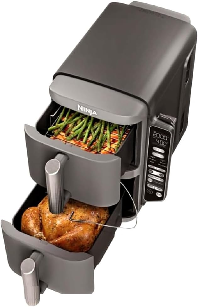 Ninja SL451 DoubleStack XL 2-Basket Air Fryer, Smart cooking System, DoubleStack Technology Cook 4 Foods at Once, 10 QT, 6-in-1, Smart Finish & Match Cook, Air Fry, Broil, Bake -GRAY(Renewed)