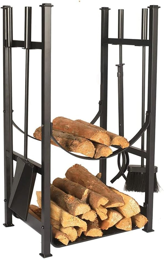 Log Store Firewood Rack Set Outdoor Firewood Holder Heavy Duty Steel Indoor Metal Log Holder Fireplace Tools Black Fire Wood Racks,