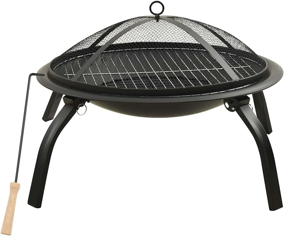 SKM 2-in-1 Fire Pit and BBQ with Poker 22"x22"x19.3" Steel,Black (Weight 6.88KG)