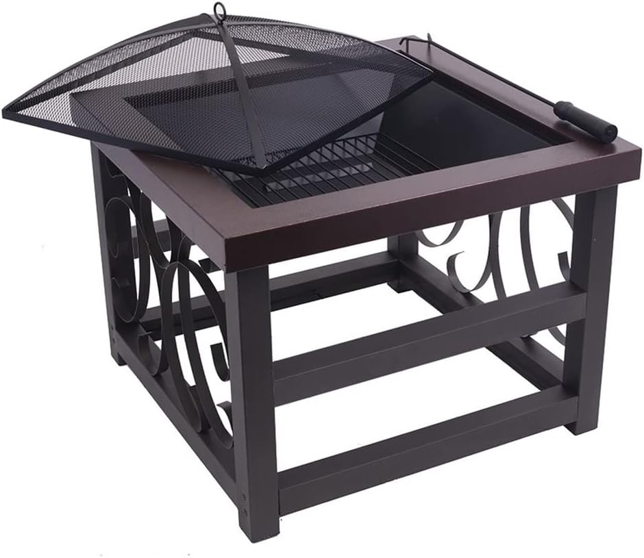Blue Sky Outdoor Living 28” Square Raised Scroll Fire Pit with Log Grate, Spark Screen, and Lift, Tabletop-Style Steel Fire Pit, Bronze