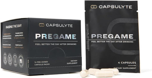CAPSULYTE Pregame | Prevent Feeling Awful After Drinking | Alcohol Aid and Liver Health | Doctor Formulated | DHM, N-Acetyl Cysteine NAC, Milk Thistle | Box of 14 Packets (56 Capsules)