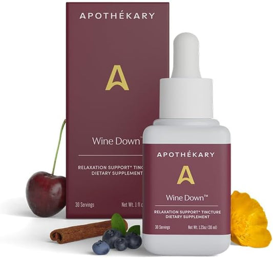 Apothékary Wine Down, Natural Sleep and Relaxation Support, Alcohol-Free Red Wine-Inspired Herbal Liquid Drops, Consists of Blue Vervain, Tart Cherry, and California Poppy, 1 oz, 30 Servings