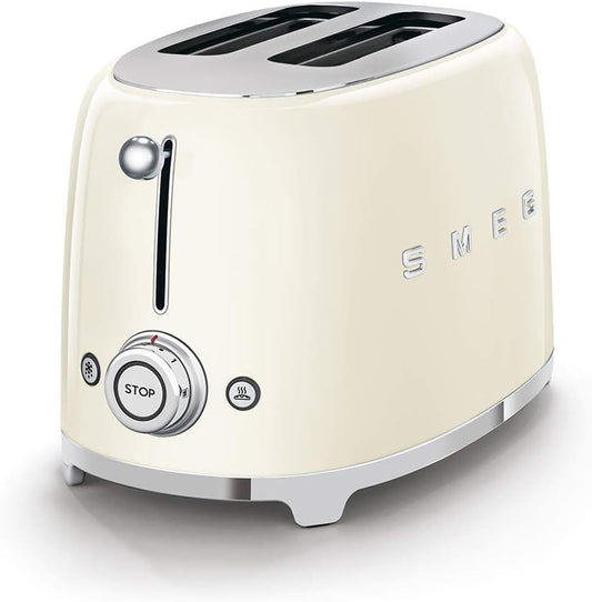 Smeg TSF01CRUK Retro 2 Slice Toaster, 6 Browning Levels, Extra-Wide Bread Slots, Defrost and Reheat Functions, Removable Crumb Tray, 950 W, Cream