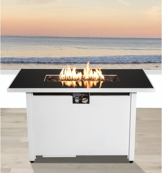 Modern Stainless Steel Outdoor Fire Pit Table with Push-Button Ignition and Lava Rocks for Patio Deck Garden Use