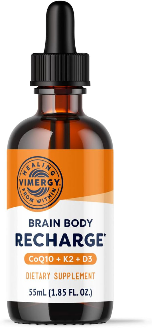 Vimergy Brain Body Recharge* - W/Vitamin D3, K2 & CoQ10 – Boosts Cellular Energy – Fortifies Blood Vessels and Bones – Defends Against Free radicals – Vegan and Gluten Free – 55mL