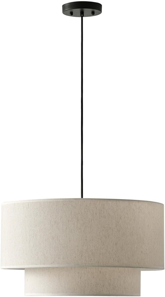 20" Farmhouse Pendant Light Fixtures, 2-Tier Drum Pendant Lighting with Linen Lampshade, 3-Light Modern Hanging Chandeliers for Dining Room, Living Room, Bedroom, and Kitchen