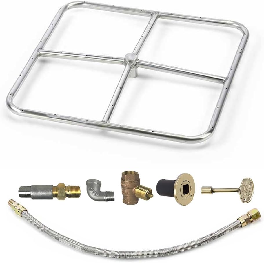 HPC Square Match Lit Fire Pit Burner Kit (FPSSQ18KIT-LP-MSCB) with 18x18-Inch Stainless Steel Burner, Propane, Polished Chrome, with Flange, Key, Valve, Flex Line and Fittings