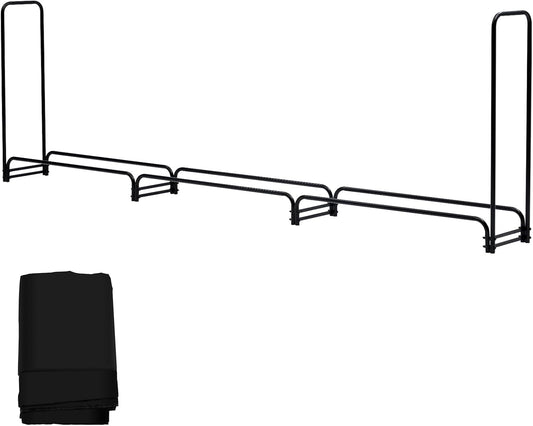 PeakPursuit 12FT Firewood Rack Outdoor with Waterproof Cove, Heavy Duty Logs Holder for Indoor Fireplace Metal Wood Pile Storage Stacker Organizer, Black