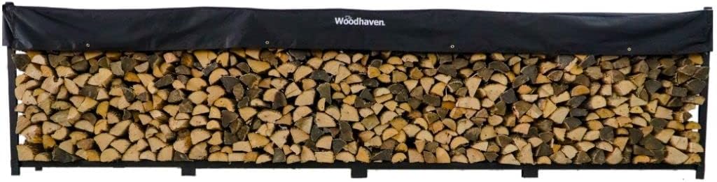Woodhaven 16 Foot Black Large Outdoor Firewood Rack With Seasoning Cover - 1 Cord Fire Log Holder - Powder Coated Steel Firewood Holder - Made In USA (Cover)