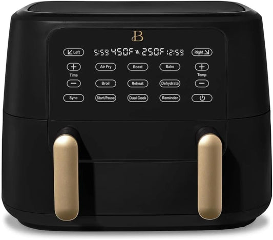 Beautiful 9QT TriZone Air Fryer – 2-in-1 Dual Basket Air Fryer with Touch Display, Sync Cook & Elegant Matte Finish by Drew Barrymore – Oil-Less, Healthy Cooking, Dishwasher Safe – Black Sesame