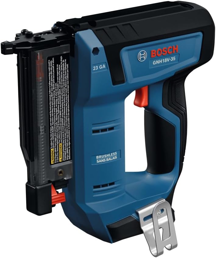 BOSCH GNH18V-35N 18V Brushless 23-Gauge Pin Nailer for Finish Trim, Cordless Pneumatic-Like Performance with Dry-Fire Lockout & No-Mar Tips (Includes: Nailer, 2 No-Mar Tips) (Bare Tool)