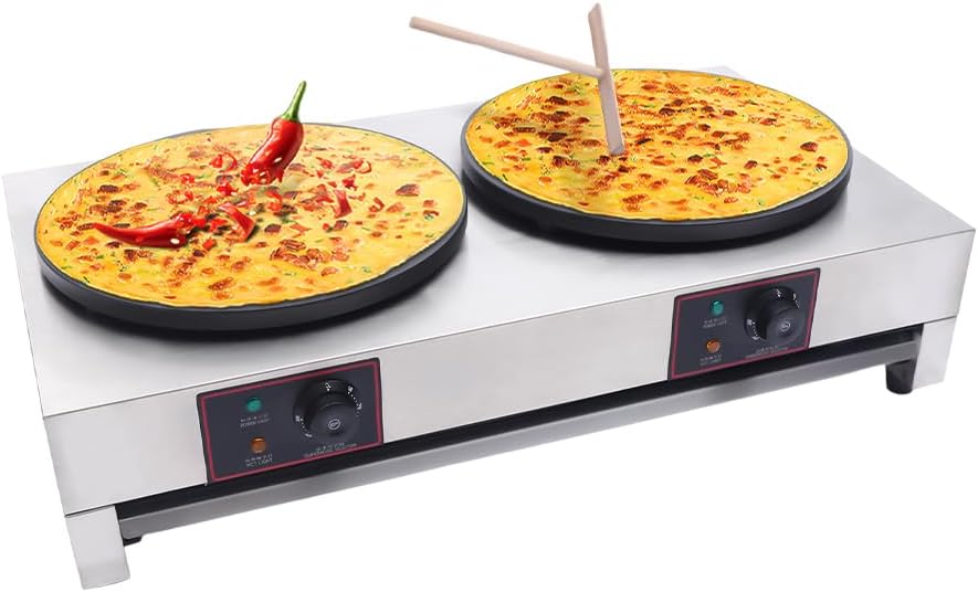 16Inch Electric Crepe Maker 3.4KW Commercial Dual Head Crepe Maker Griddle Stainless Steel Nonstick Electric Griddle Adjustable Temperature Control Pancake Maker for for Commercial, Restaurant, Snack