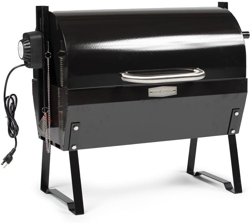 Ash & Ember 4W Rotisserie Spit Roaster Grill, Rated 33 LB, Horizontal Adjustable Spit Rod for Outdoor Charcoal BBQ with Hood, Roast Chicken, Lamb, Pig, Beef