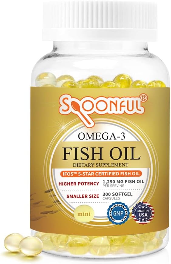Spoonful Mini Omega 3 Fish Oil, iFOS Certified, 1290 mg Per Serving, 300 Softgels Pearls, Small Size Easy to Swallow Capsules for Women and Seniors, Made in USA