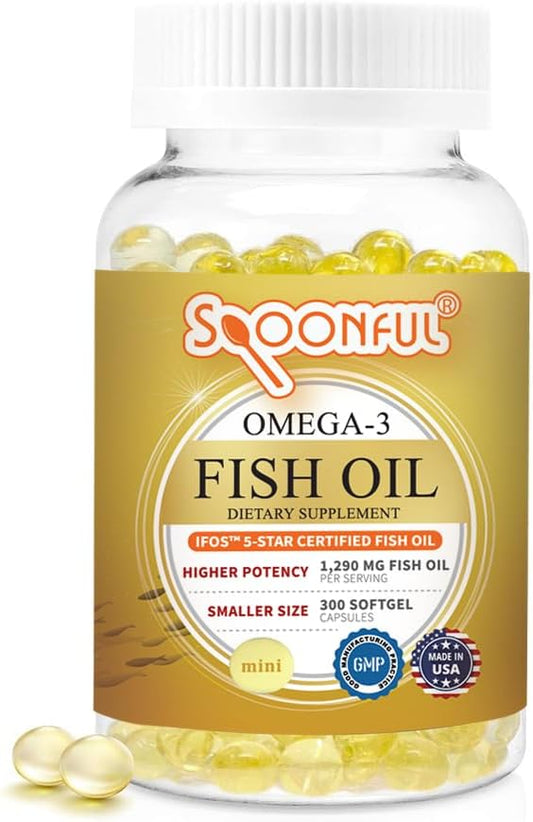 Spoonful Mini Omega 3 Fish Oil, iFOS Certified, 1290 mg Per Serving, 300 Softgels Pearls, Small Size Easy to Swallow Capsules for Women and Seniors, Made in USA