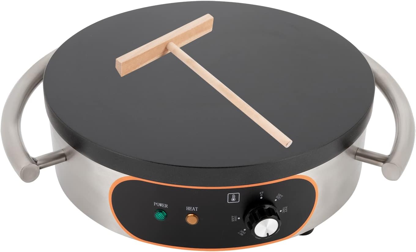 16 Inch Electric Crepe Maker Modern Pancake Machine 110V 1500W Commerical Electric Pancakes Maker Griddle Crepe Griddle with Nonstick Griddle and Temperature Control, Silver&Black