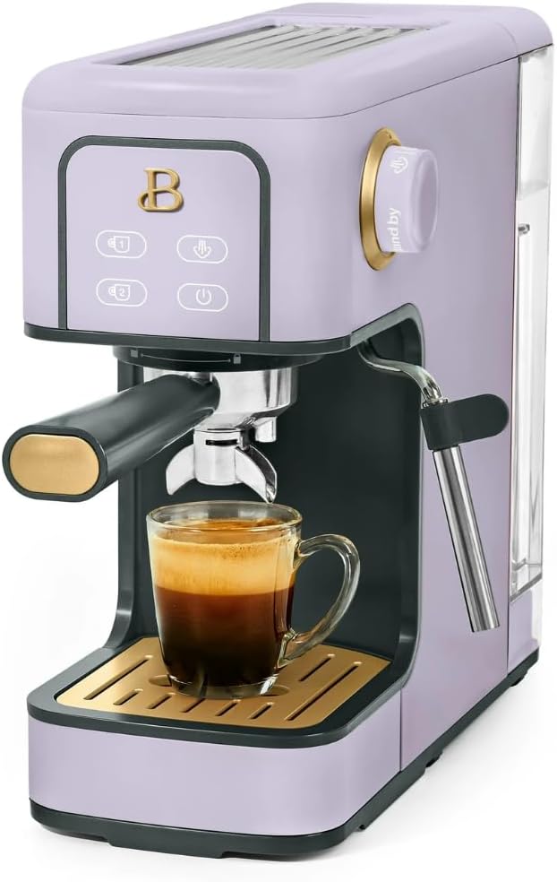 Beautiful Slim Espresso Maker by Drew Barrymore \u2013 20\u2011Bar Pressure, Dual\u2011Spout 52\u202Fmm Portafilter, 50\u202Foz Removable Tank, 2\u2011in\u20111 Steam Wand & Touch Controls (Lavender)