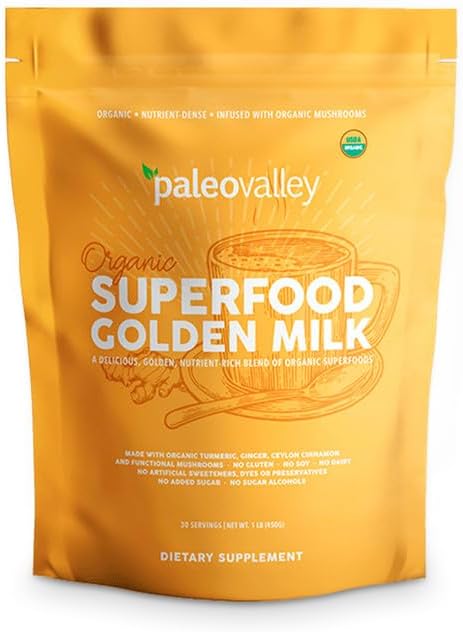 Paleovalley Organic Superfood Golden Milk - Immune, Focus, Cognitive, Longevity - Turmeric, MCT-Rich Coconut Milk, Functional Mushrooms, 30 Servings