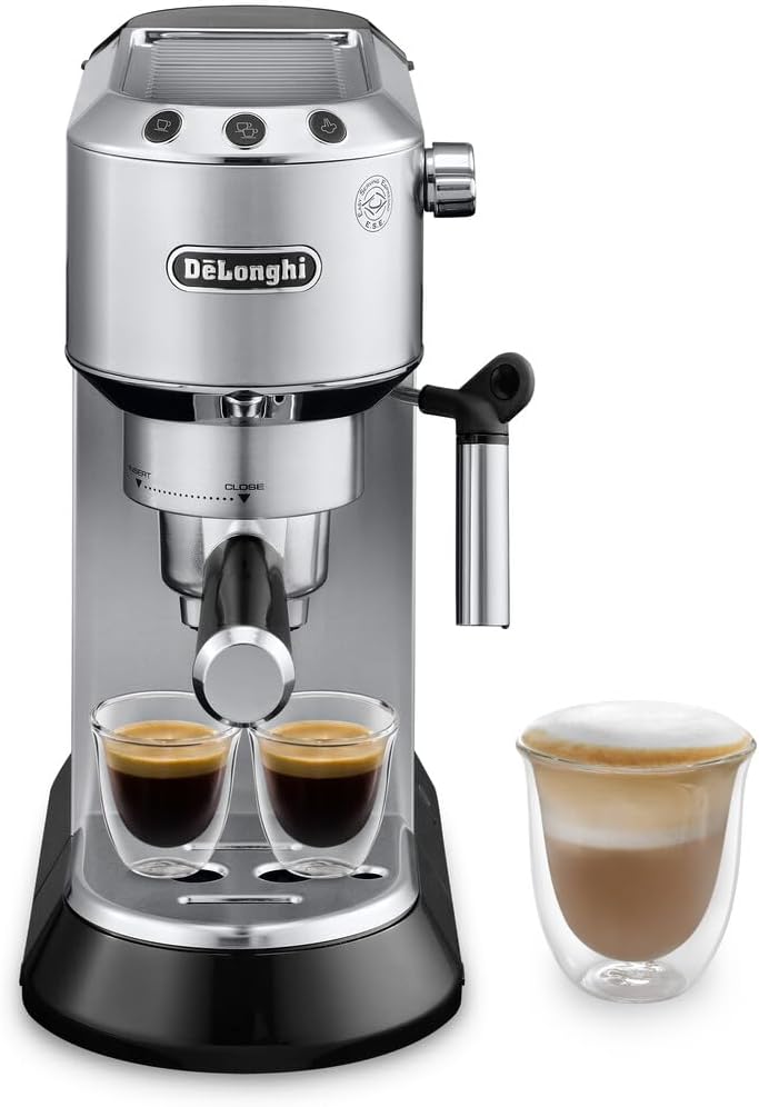 De\u2019Longhi Dedica Espresso Machine with Manual Milk Frother, 15-Bar Pump & Adjustable Tray - Home Barista Coffee Maker for Espresso, Latte, Cappuccino & Iced Coffee - Italian Stainless Steel Design